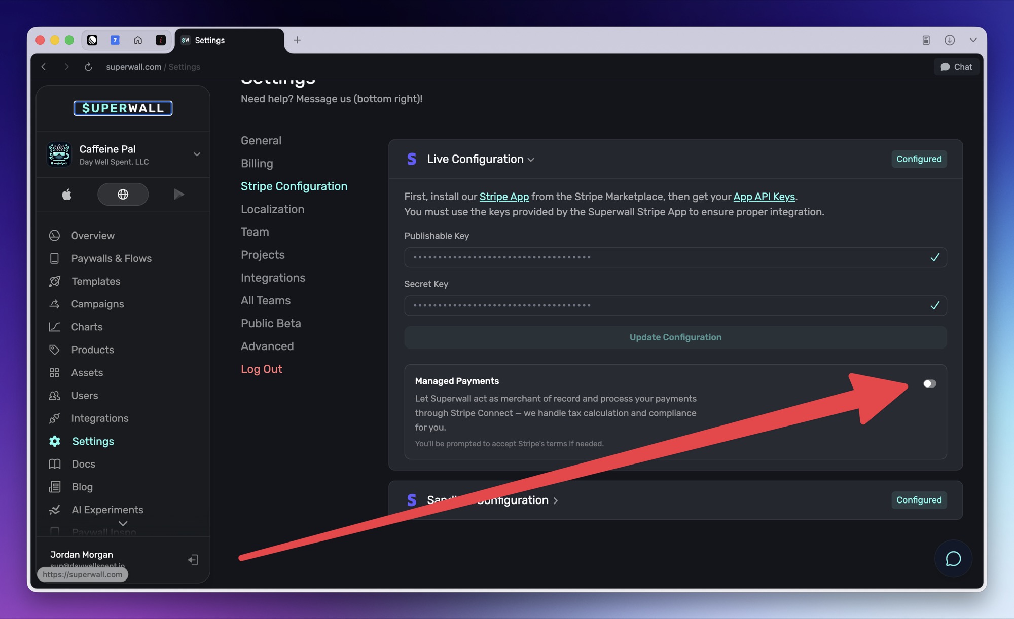 Managed Payments switch in Stripe Configuration